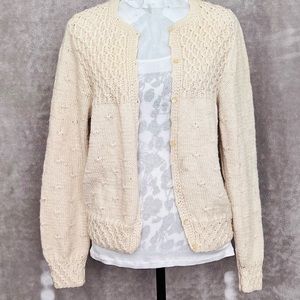 Vtg Handknit Textured Wool Cardigan Sweater Cream Sz L